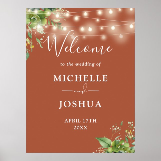 Greenery Lights Terracotta Wedding Welcome Sign (Front)