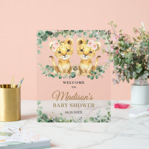 Greenery Lions Twin Girls Baby Shower Welcome Acrylic Sign