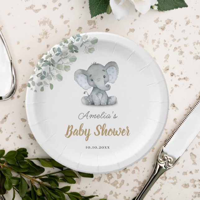 Greenery Little Elephant Baby Shower Paper Plate (Creator Uploaded)