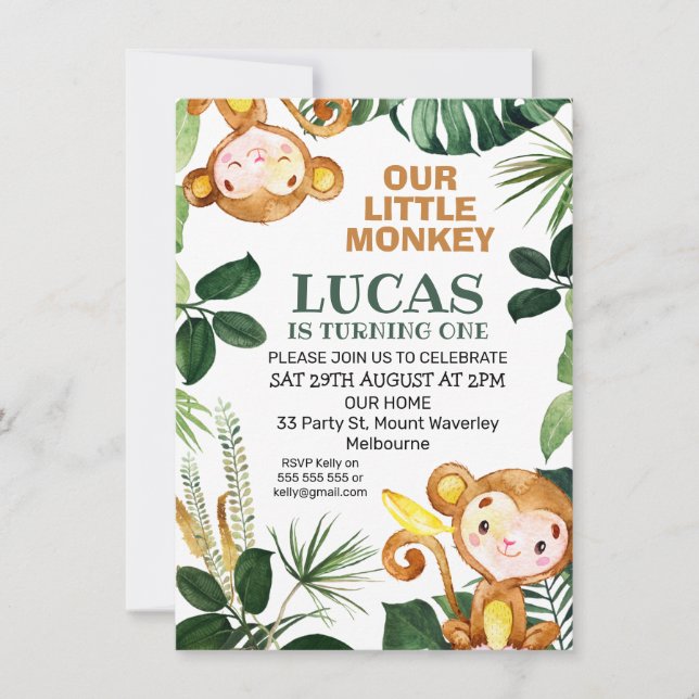 Greenery Little Monkey Boys Birthday Invitation (Front)