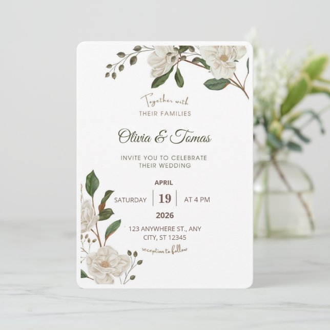 Greenery Magnolia Wedding Invitation (Standing Front)