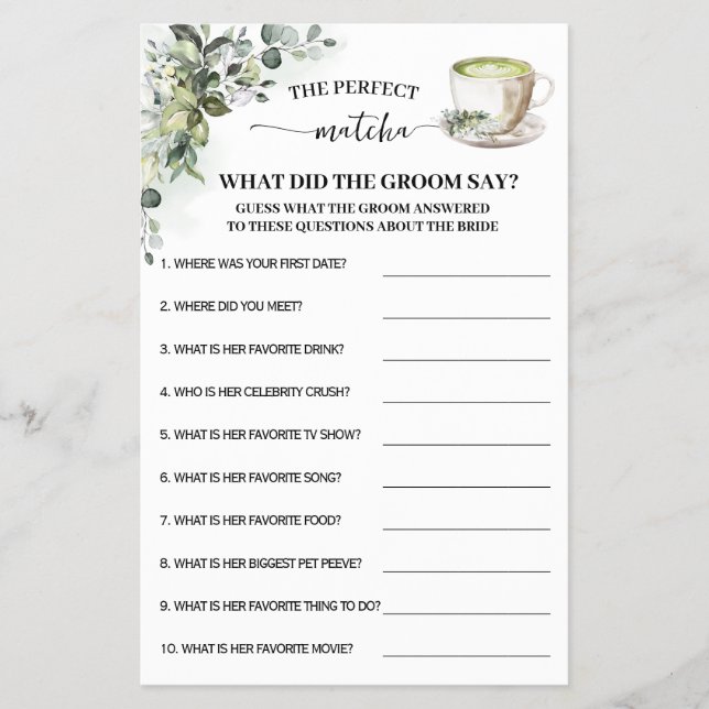 Greenery Matcha What Groom Say Shower Game Card (Front)