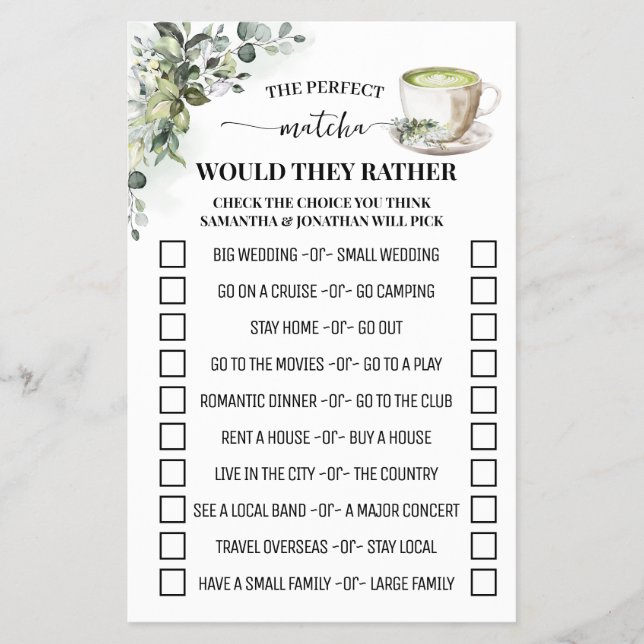 Greenery Matcha Would They Rather Shower Game Card (Front)