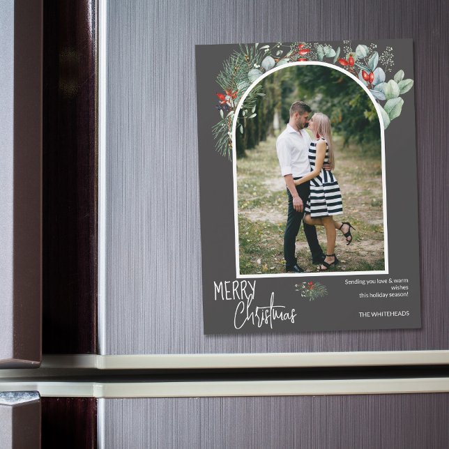 Greenery Merry Christmas Arch Photo Dark Grey (You will love these beautiful Christmas cards! They feature botanical watercolor pine and berries.)