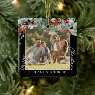 Greenery Merry Christmas Photo Black Ceramic Ornament