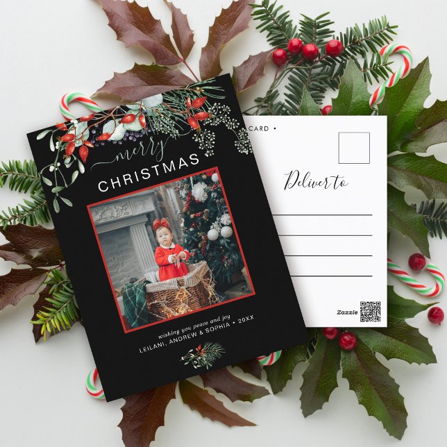 Greenery Merry Christmas Photo Watercolor Black Holiday Postcard (You will love these beautiful Christmas cards! They feature botanical watercolor pine and berries.)