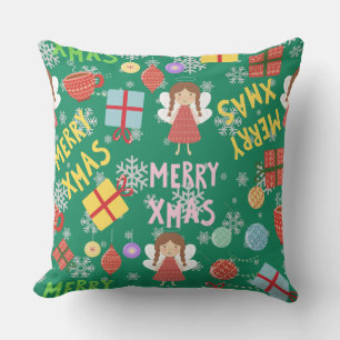 Greenery Merry Xmas text girly red yellow pattern Cushion