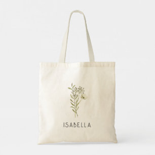 Greenery Minimal Floral Personalised Name Modern Tote Bag