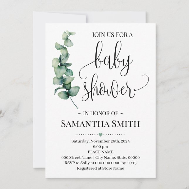 Greenery minimalist baby shower eucalyptus invitation (Front)
