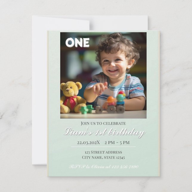 Greenery Minimalist Personalised First Birthday Invitation (Front)