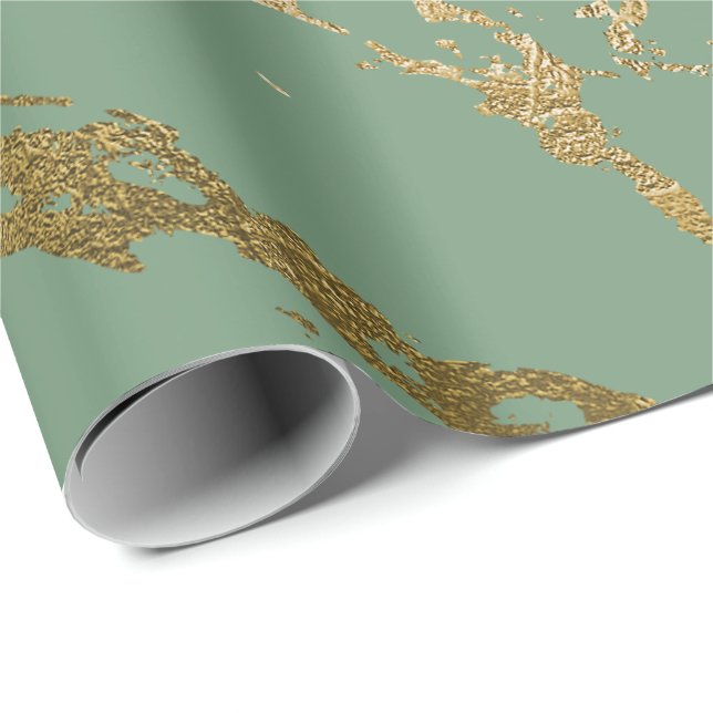 Greenery Mint Sage Gold Marble Shiny Glam Wrapping Paper (Roll Corner)