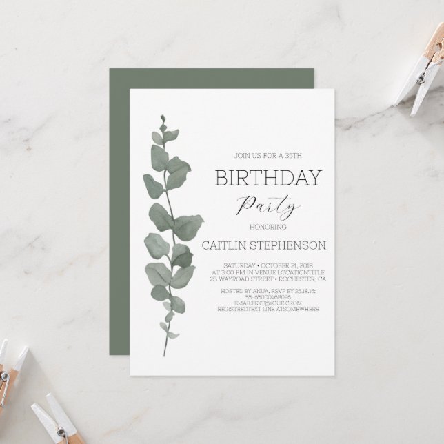  Greenery Modern 35th birthday party Invitation (Front/Back In Situ)