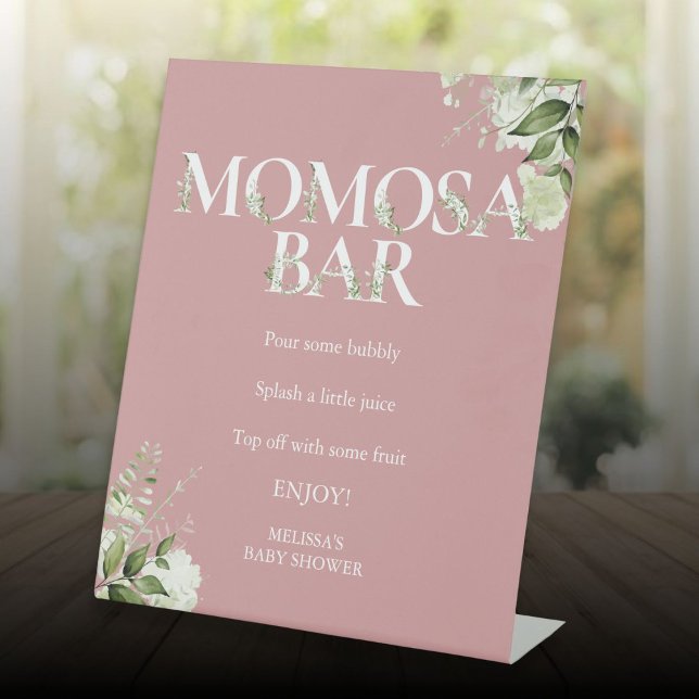 Greenery Momosa Bar Dusty Rose Pink Baby Shower Pedestal Sign (Greenery Momosa Bar Dusty Rose Pink Baby Shower Pedestal Sign)