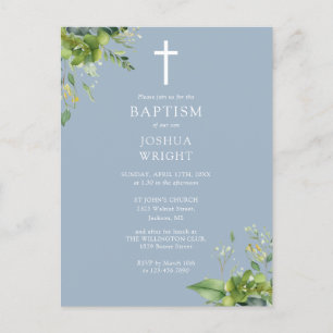 Greenery Monogram Baptism Dusty Blue Invitation Postcard