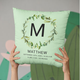 Greenery Monogram Birth Stats Newborn Baby  Cushion