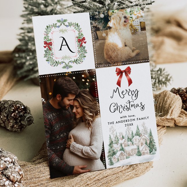 Greenery Monogram Crest Bow Merry Christmas Photo Holiday Card (Creator Uploaded)