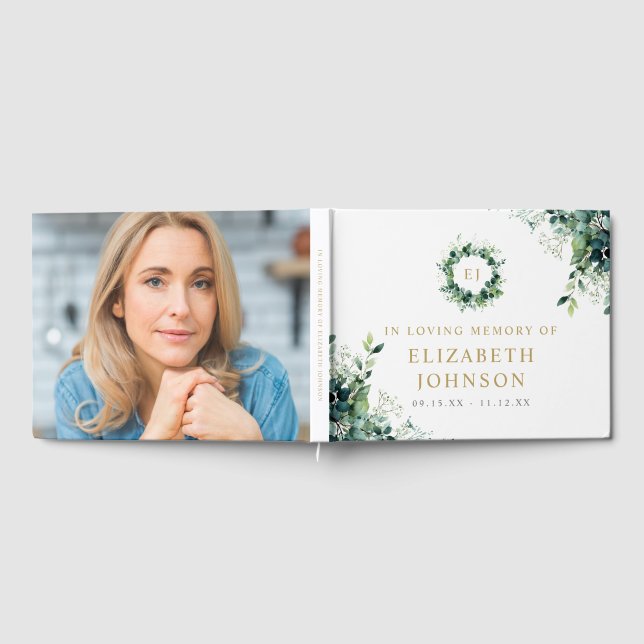 Greenery Monogram In Loving Memory Funeral Photo Guest Book (Full)