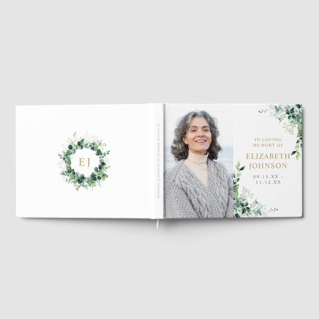 Greenery Monogram In Loving Memory Photo Funeral Guest Book (Full)