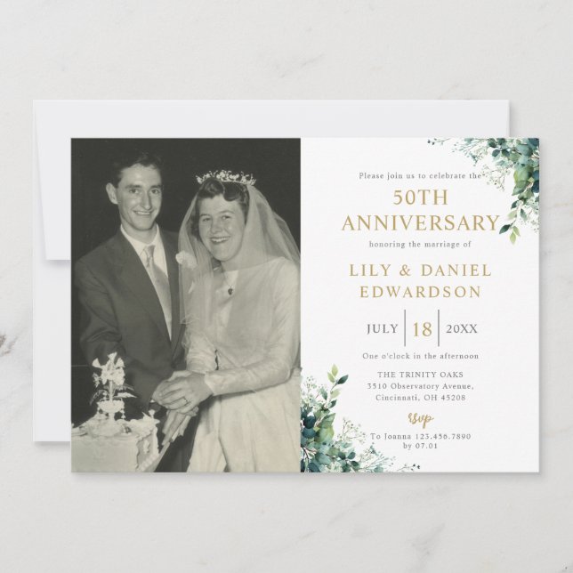 Greenery Monogram Photo 50th Wedding Anniversary Invitation (Front)