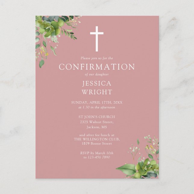 Greenery Monogram Pink Confirmation Invitation Postcard (Front)