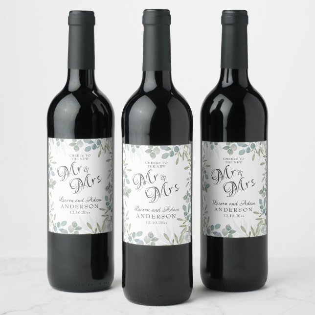 Greenery Mr & Mrs Script Watercolor Wine Label (Bottles)