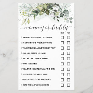 Greenery Mum or Dad Baby Shower Game Card
