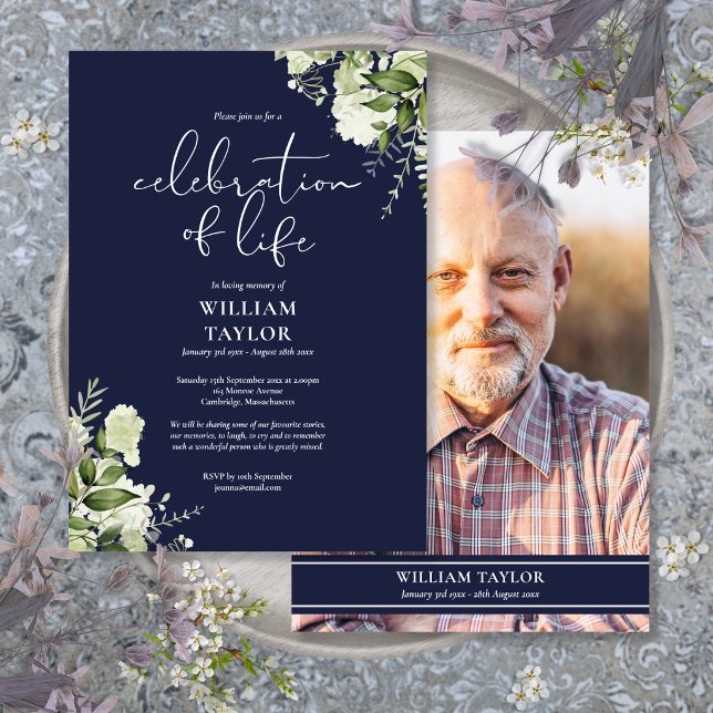Greenery Navy Blue Celebration of Life Photo Invitation (Greenery Navy Blue Celebration of Life Photo Invitation)