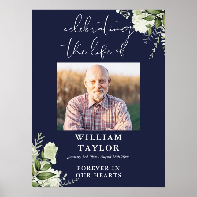 Greenery Navy Blue Celebration Of Life Photo Poster (Front)