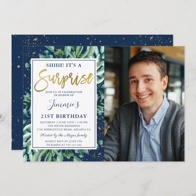 Greenery Navy Blue Gold Surprise Birthday Photo Invitation (Front/Back)