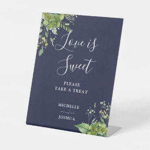 Greenery Navy Blue Love Is Sweet Favours Pedestal Sign