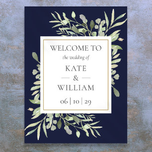 Greenery Navy Blue Wedding Welcome Sign