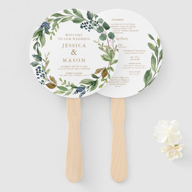 Greenery Navy Gold Round Wedding Program Fan (Front and Back)