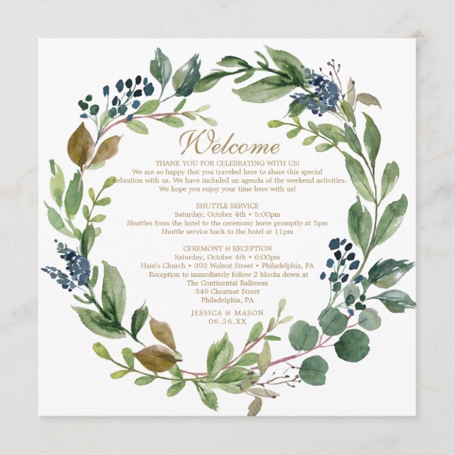 Greenery Navy Gold Welcome Letter Programme (Front)