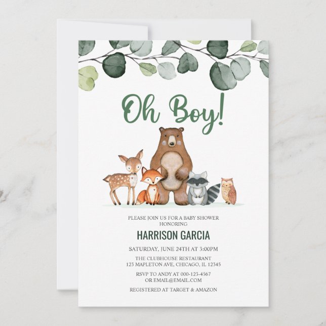 Greenery Oh Boy Woodland Animals Baby Shower Invitation (Front)
