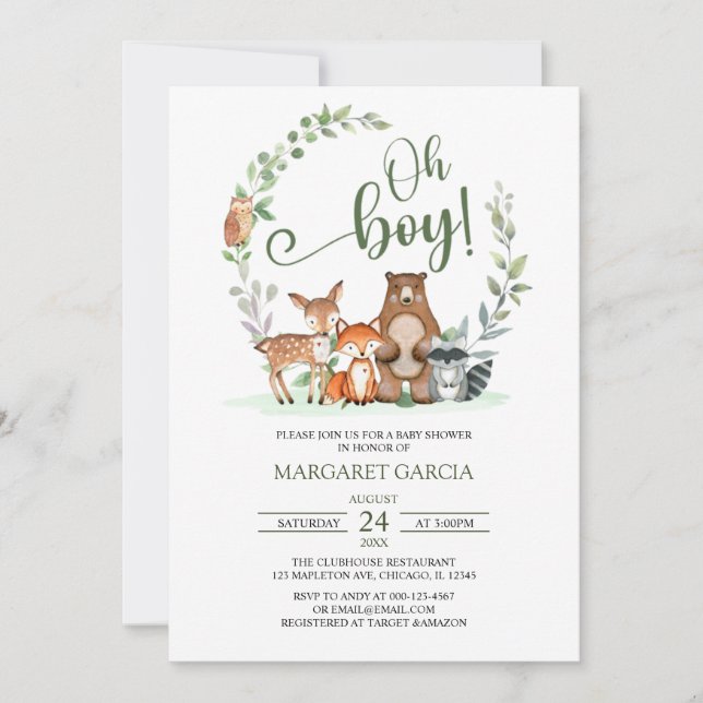 Greenery Oh Boy Woodland Animals Baby Shower Invitation (Front)