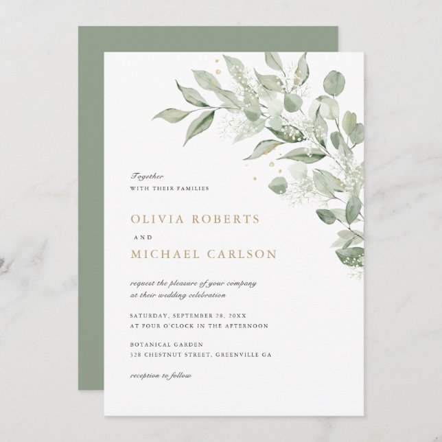 Greenery Olive Leave Branch Baby's Breath Wedding Invitation (Front/Back)