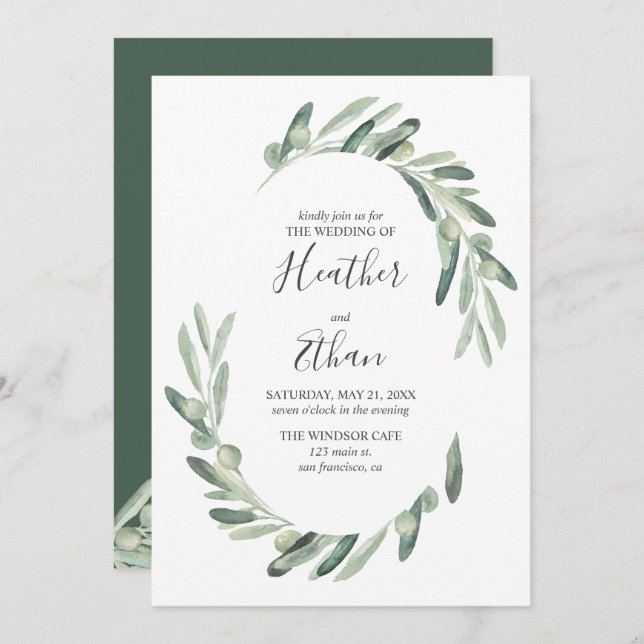 Greenery Olive Modern Handwritten Font Wedding Invitation (Front/Back)