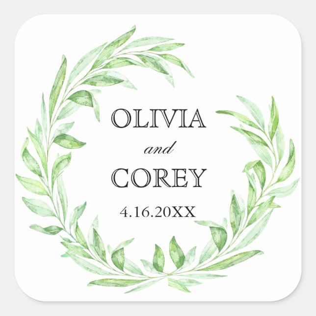 Greenery Open Laurel Wreath Wedding Square Sticker (Front)