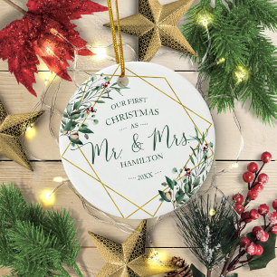 Greenery Our First Christmas as Mr & Mrs Ceramic Tree Decoration