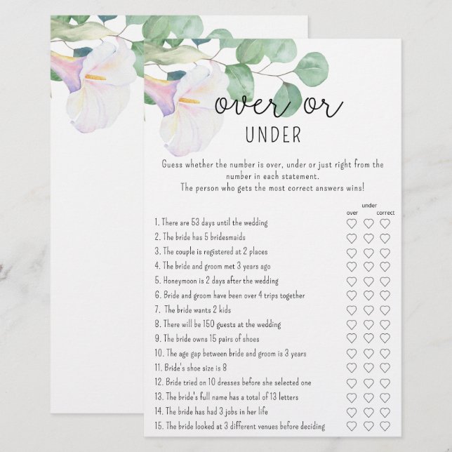 Greenery - Over or Under bridal shower game (Front/Back)