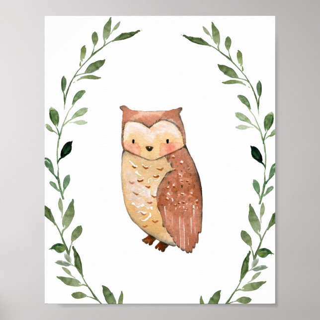 Greenery Owl Woodland Animals Nursery Wall Art (Front)