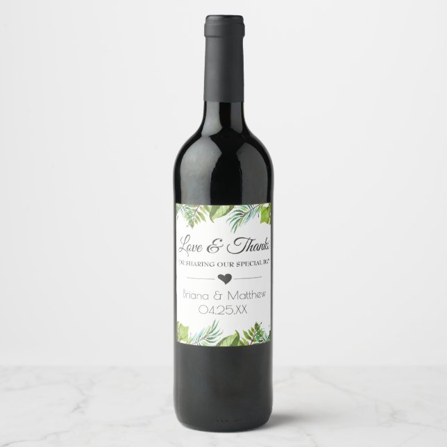 Greenery Palm Wedding Wine Label Favours (Front)