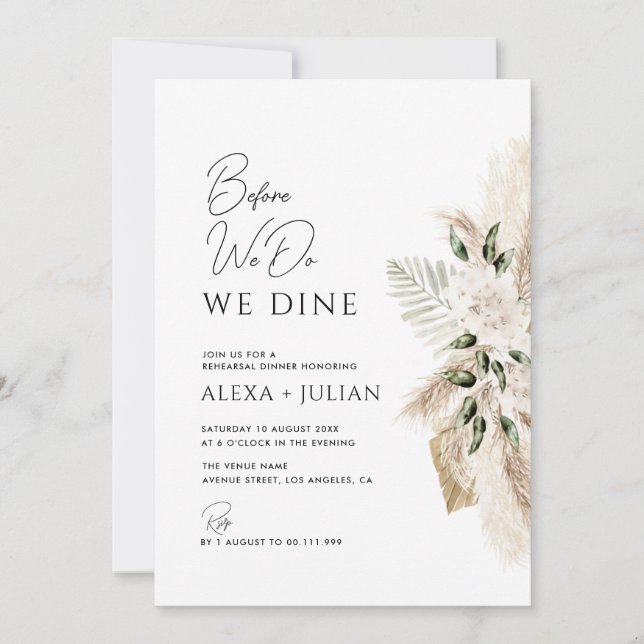 greenery pampas grass wedding rehearsal invitation (Front)