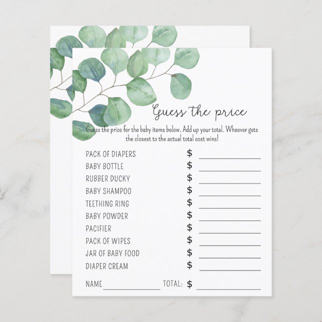 Greenery Party games | Price Guess Game (Front/Back)
