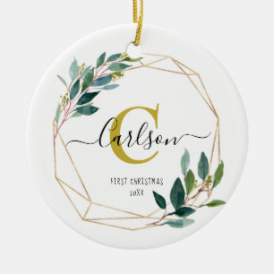 Greenery Personalised First Christmas Name Initial Ceramic Tree Decoration