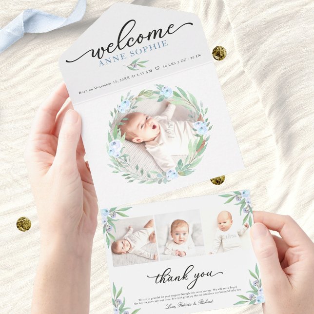 Greenery Photo Birth Announcement & Thank You Card (Creator Uploaded)