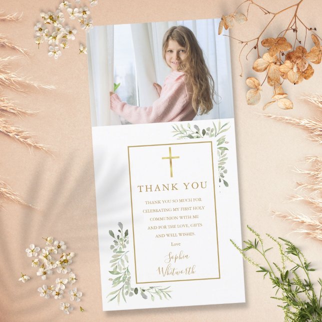 Greenery Photo First Holy Communion  Thank You Card (Creator Uploaded)