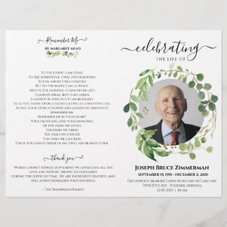 Greenery Photo Memorial Service Funeral Program