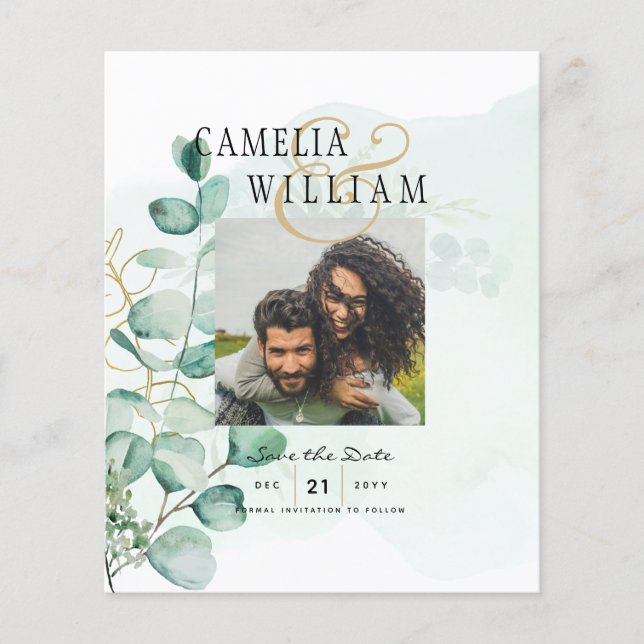 Greenery PHOTO SAVE THE DATES Eucalyptus BUDGET Flyer (Front)