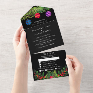 Greenery Pine Cone Black Winter Watercolor Wedding All In One Invitation